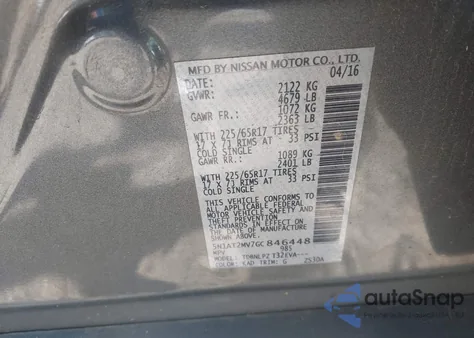 2016 Nissan Rogue S z USA, uszkodzony, nr VIN 5N1AT2MV7GC846448